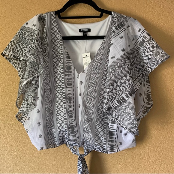 Shimmer Express Tie Front White & Gray Print Blouse - Medium - New With Tags - Picture 2 of 8